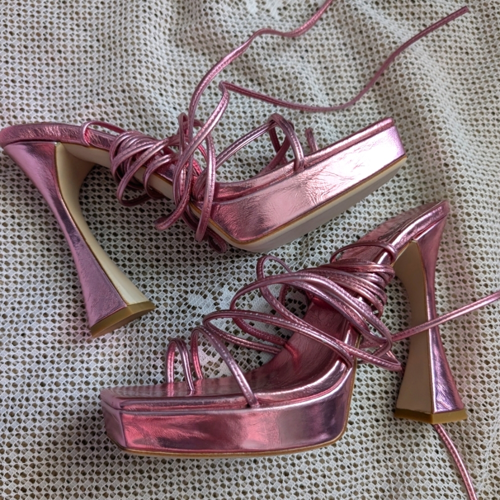 Jeffrey Campbell PrimaDonna Pink Metallic Strappy Platforms NIB